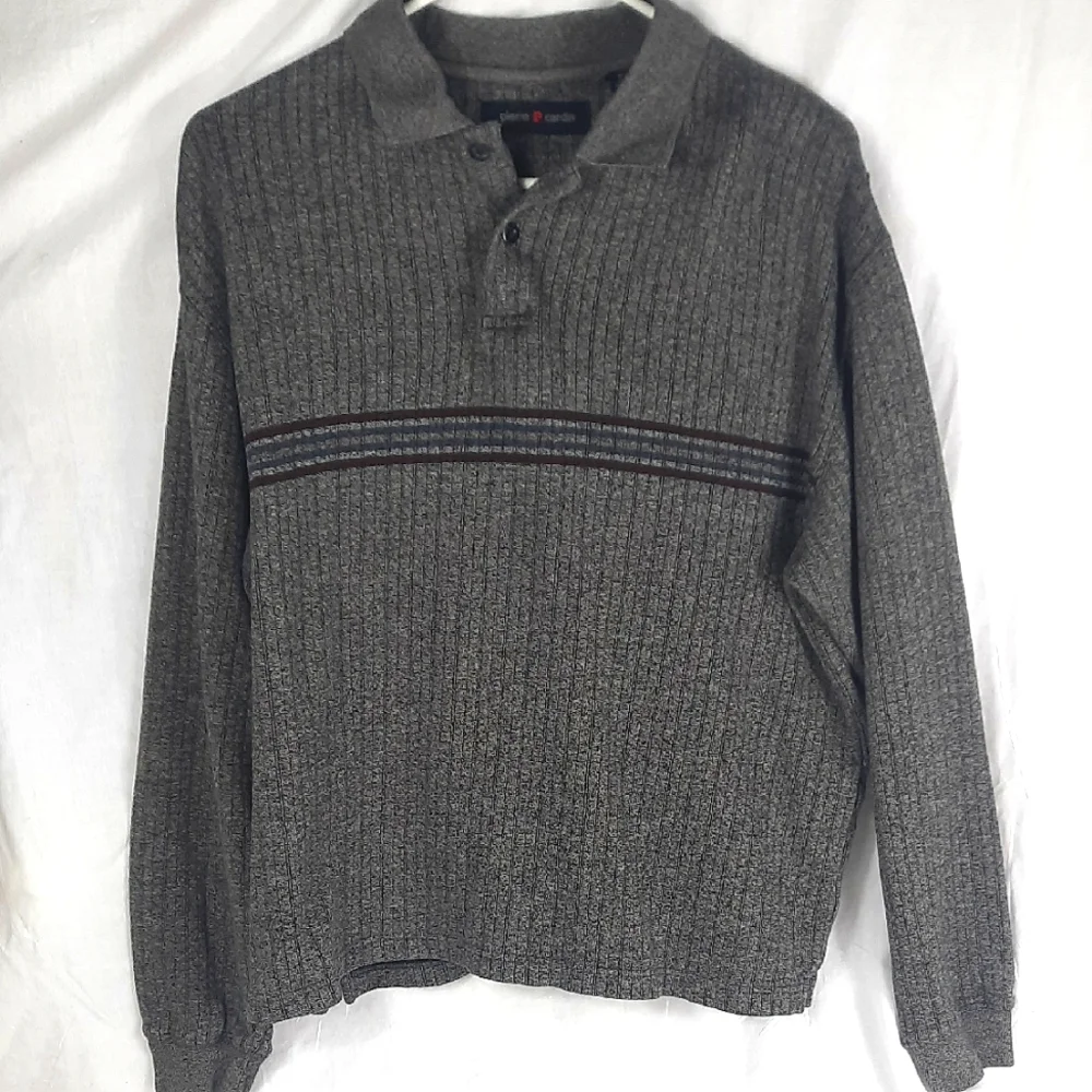 Pierre Cardin Mens Sweater Polo Shirt Medium Gray Long Sleeve